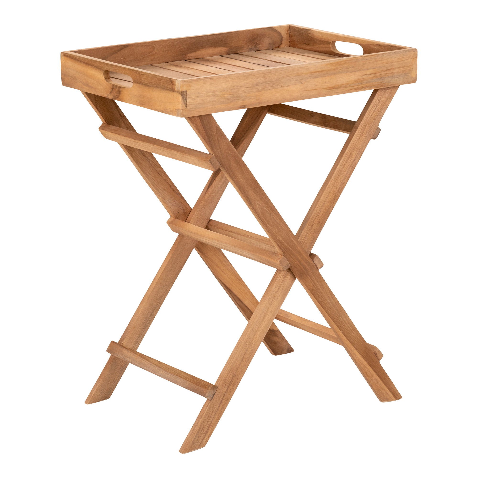House Nordic Ronda bijzettafel van naturel teakhout met afneembaar dienblad en inklapbaar onderstel, Scandi look